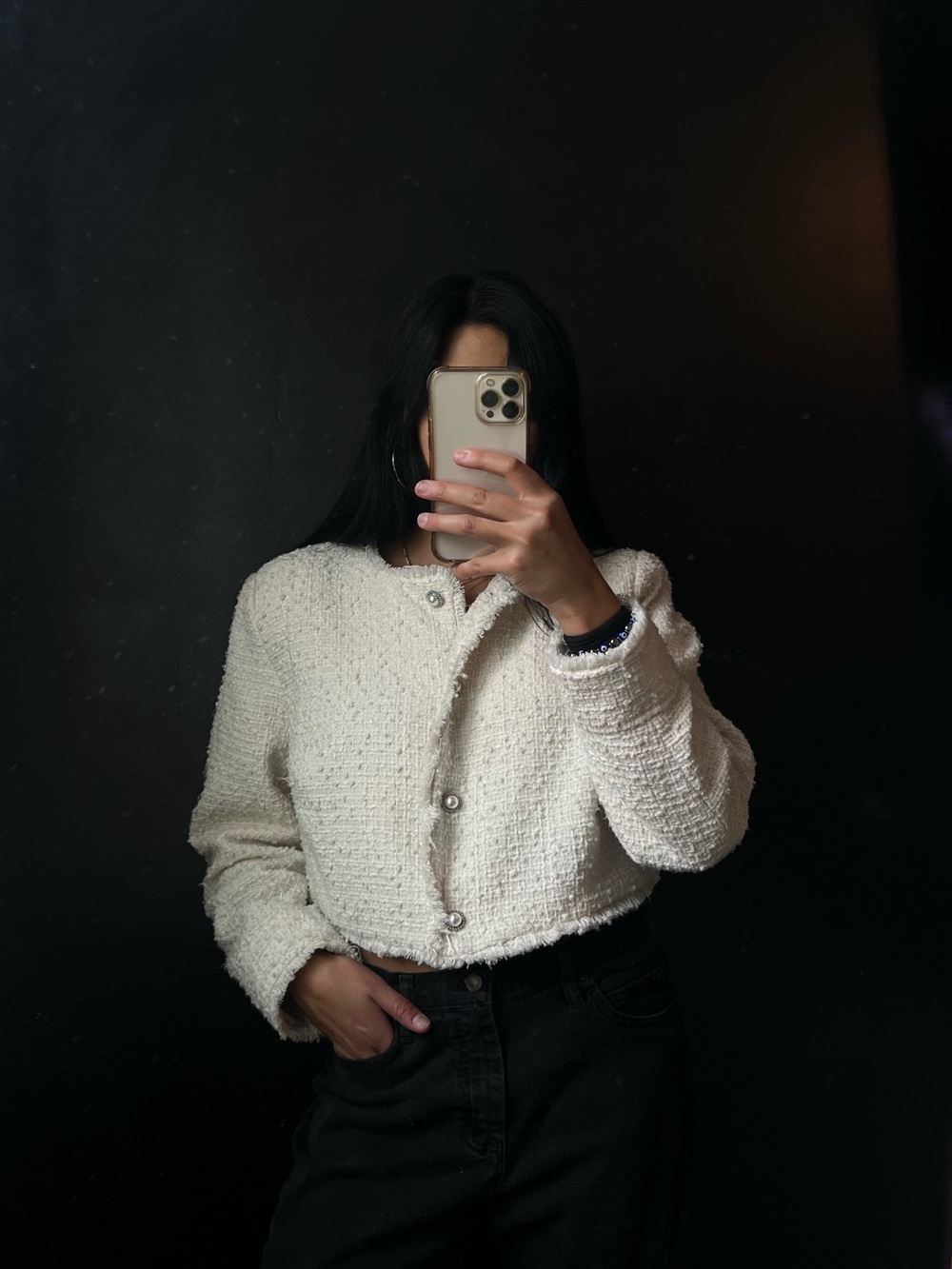 H&M Cream Textured Cropped Bouclé Jacket